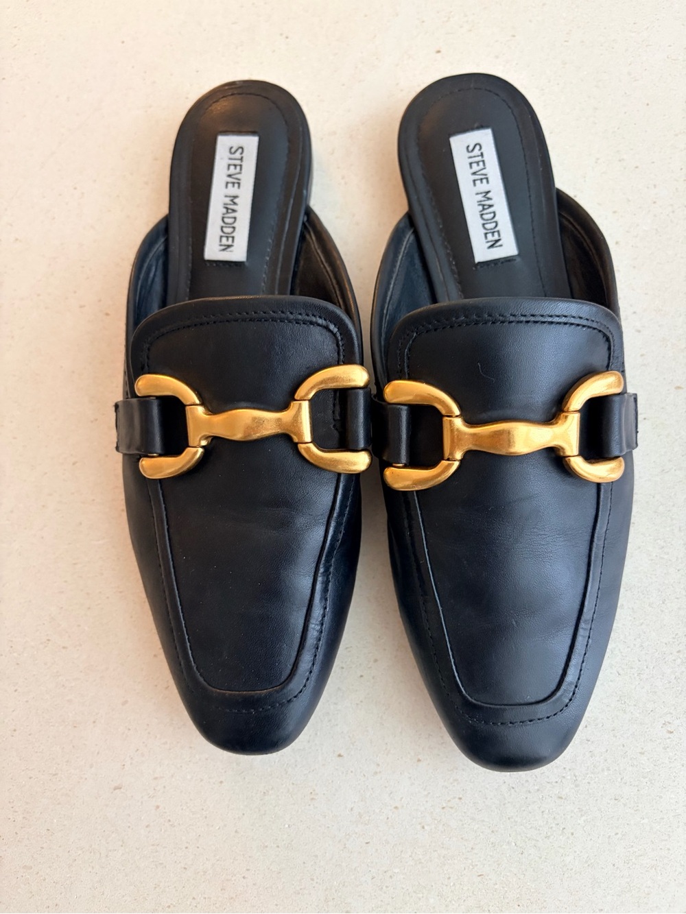Steve Madden Black Leather Mules with Gold Hardware